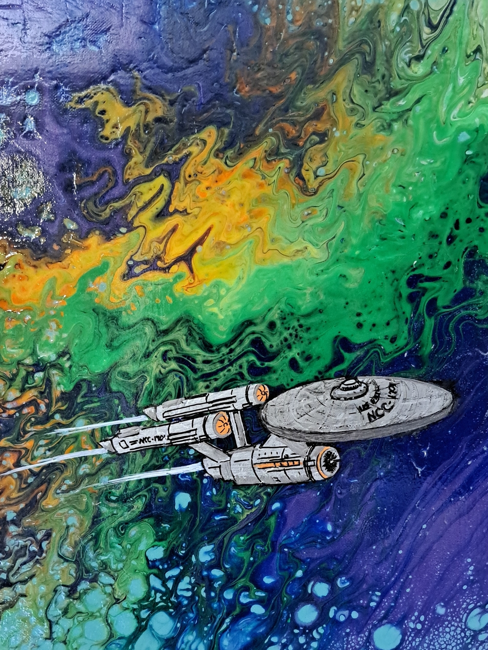 Hand Crafted Painted Starship in Green, Blue, Yellow & Purple Cosmic Flow